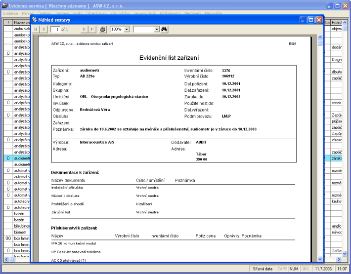 Sestava - Evidenn list